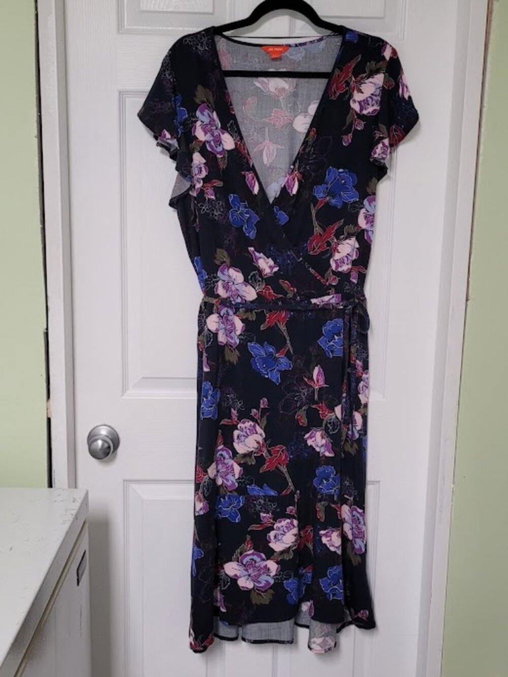 Size XL-Floral Faux Wrap Dress-Flutter Sleeve-FlouncRuffle hem-Navy print-womens